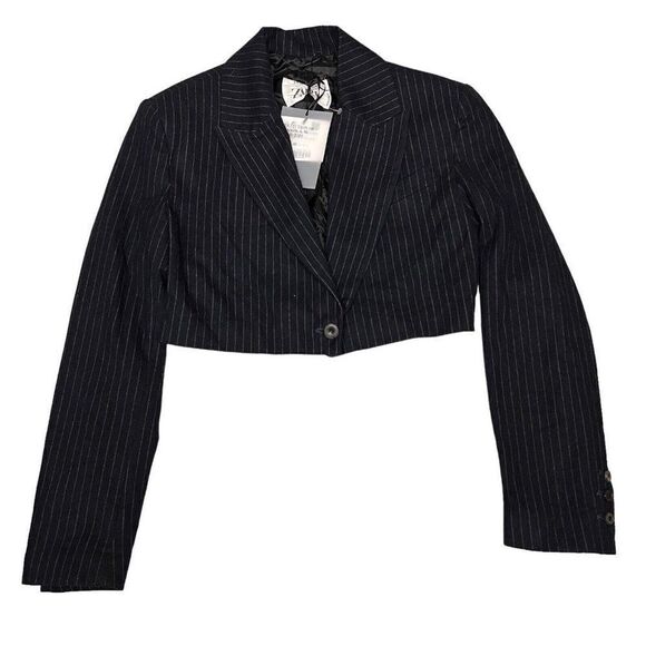 Zara Blazer Women’s XS Black Pinstripe Crop Single Button Limited Edition Fall - Picture 1 of 11